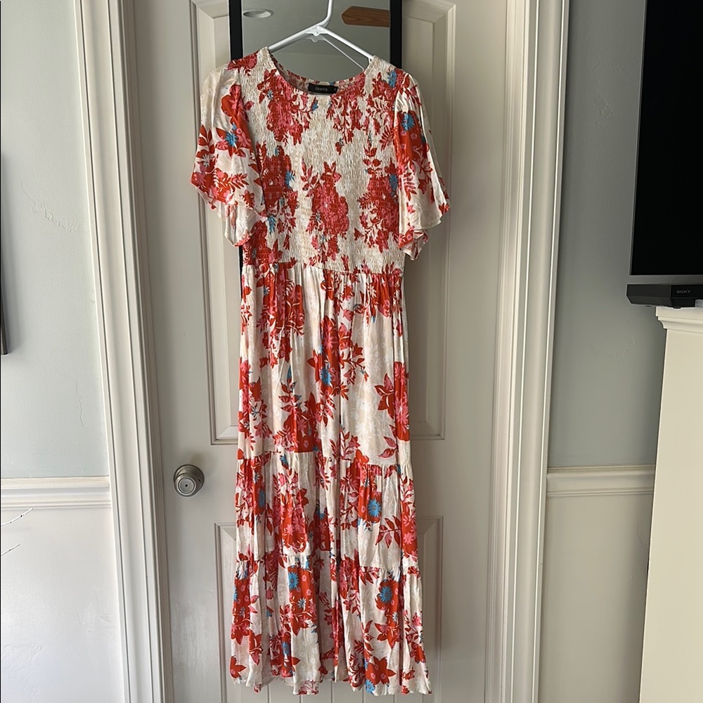 Floral Maxi Dress - Orange & Blue on Cream